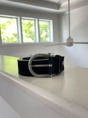 Ferragamo Black Suede Belt with Silver Buckle